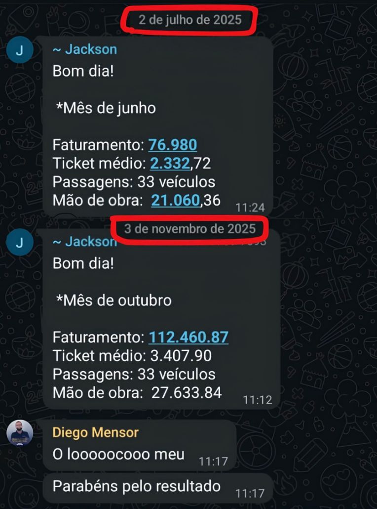 Print de WhatsApp com o faturamento da oficina antes e depois do método
